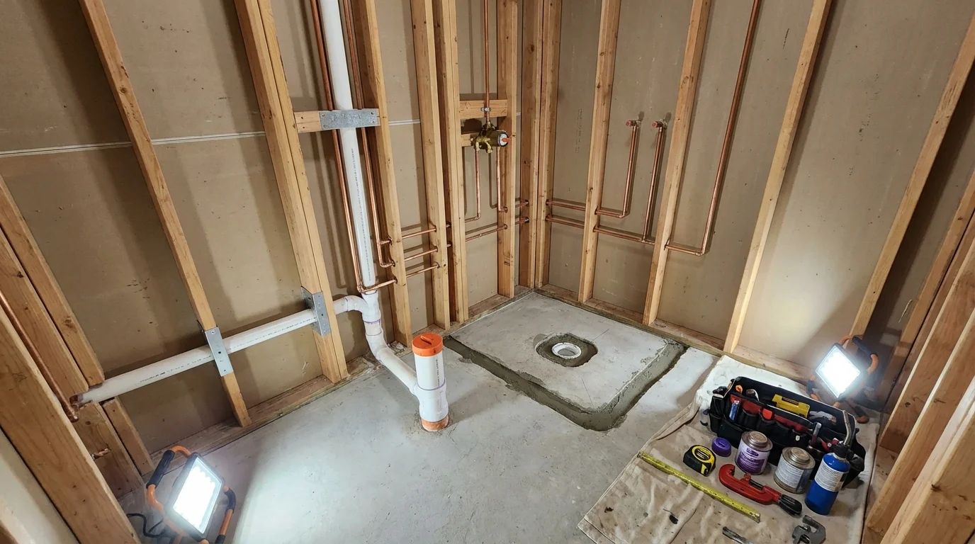 Bathroom rough-in plumbing during remodel by Johns Plumbing LLC in Thorp