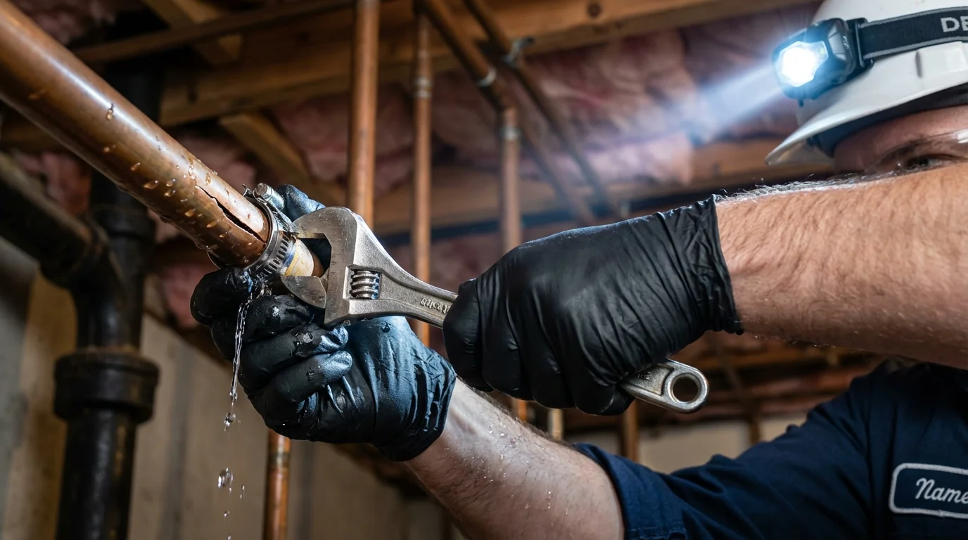 Emergency pipe clamp repair being performed by a Johns Plumbing LLC plumber in Thorp