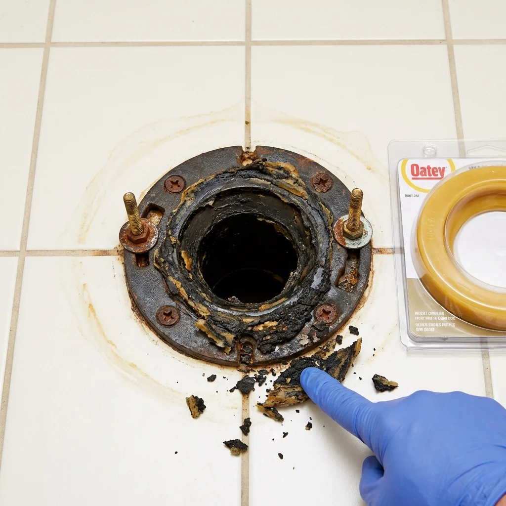 Failed wax ring showing water seepage at the base of a toilet in a Thorp, WI home