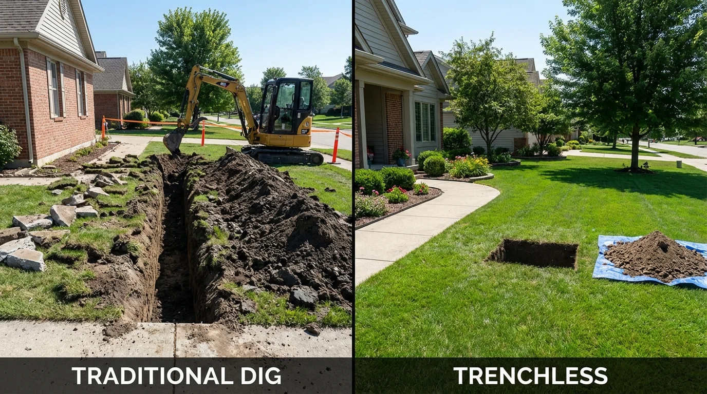 Trenchless sewer repair with minimal yard damage versus traditional excavation in Thorp, WI
