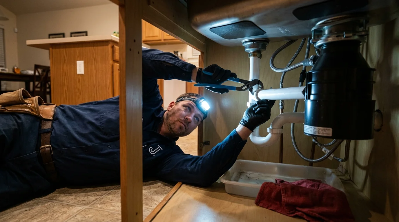 P-trap and supply line connections under a kitchen sink showing a common leak point in Thorp, WI